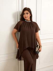 Femmeverse Women's Plus Size Pleated Halter Neck Sequin Patchwork New Raglan Sleeve 2-Piece Set High Waist Loose Wide Leg Pants Outfit - Coffee Brown - View 7