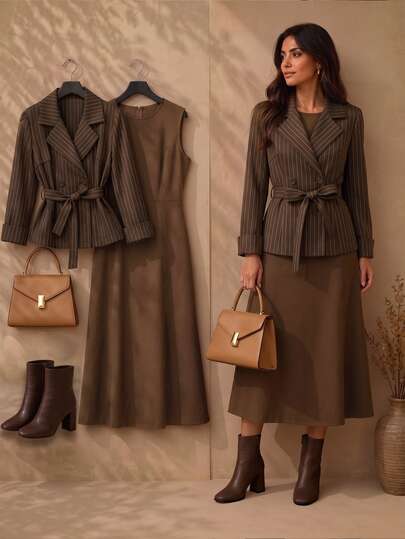 SHEIN Clasi Elegant Summer Two Pieces Set Woven By Women Brown Blazer Women Brown Two Piece Set Earthy Clothes Brown Outfit Women Brown Clothes Fall