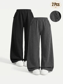 SHEIN Elladie kids 2件純色口袋荷葉邊針織長褲，休閒秋冬褲裝 - 彩色 - 查看 6