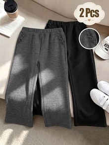 SHEIN Elladie kids 2件純色口袋荷葉邊針織長褲，休閒秋冬褲裝 - 彩色 - 查看 1