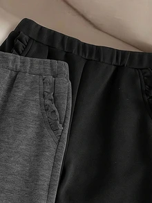 SHEIN Elladie kids 2件純色口袋荷葉邊針織長褲，休閒秋冬褲裝 - 彩色 - 查看 3