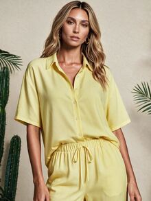 Vaclyn Women's Solid Color Short Sleeve Shirt And Shorts Casual Vacation Set - Light Yellow - View 3