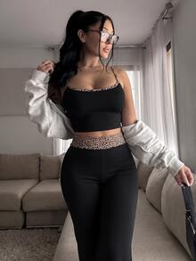 SHEIN SXY Women's Leopard Print Contrast Color Camisole Top And Long Pants Casual Daily 2 Pieces Set - Multicolor - View 2