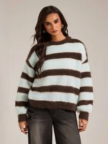 SHEIN Tall Fall New Round Neck Blue And Brown Loose Pullover College Style Preppy Silhouette Long Sleeve Sweater School Casual Drop Shoulder Top - Multicolor - View 8