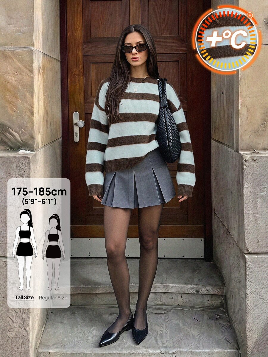 SHEIN Tall Fall New Round Neck Blue And Brown Loose Pullover College Style Preppy Silhouette Long Sleeve Sweater School Casual Drop Shoulder Top - Multicolor - View 1