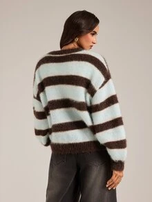 SHEIN Tall Fall New Round Neck Blue And Brown Loose Pullover College Style Preppy Silhouette Long Sleeve Sweater School Casual Drop Shoulder Top - Multicolor - View 2