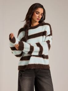 SHEIN Tall Fall New Round Neck Blue And Brown Loose Pullover College Style Preppy Silhouette Long Sleeve Sweater School Casual Drop Shoulder Top - Multicolor - View 5