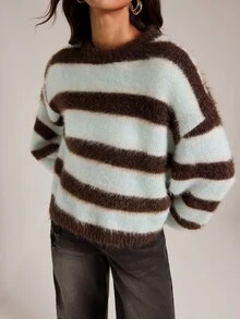 SHEIN Tall Fall New Round Neck Blue And Brown Loose Pullover College Style Preppy Silhouette Long Sleeve Sweater School Casual Drop Shoulder Top - Multicolor - View 10