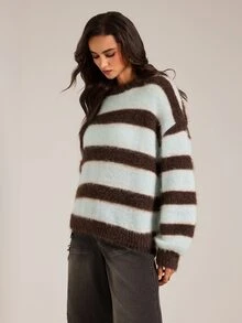 SHEIN Tall Fall New Round Neck Blue And Brown Loose Pullover College Style Preppy Silhouette Long Sleeve Sweater School Casual Drop Shoulder Top - Multicolor - View 3