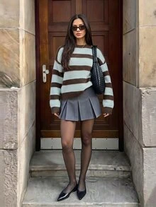SHEIN Tall Fall New Round Neck Blue And Brown Loose Pullover College Style Preppy Silhouette Long Sleeve Sweater School Casual Drop Shoulder Top - Multicolor - View 7