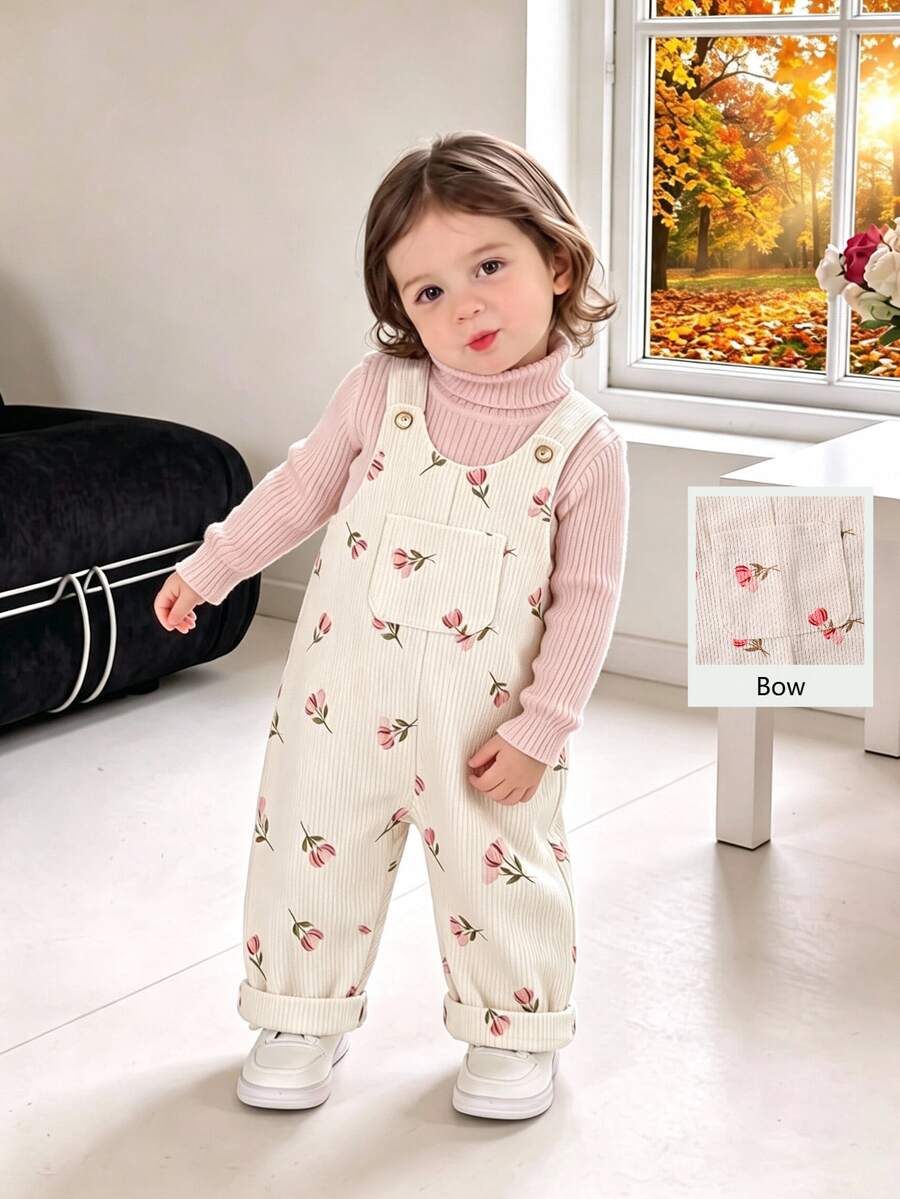 SHEIN Playful Pals 嬰幼兒男女童 0-3 歲夏季全身花卉灰粉色粉色花蕊印花時尚可愛日系燈芯絨吊帶褲套裝，胸前口袋