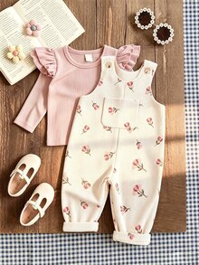 SHEIN Playful Pals 嬰幼兒男女童 0-3 歲夏季全身花卉灰粉色粉色花蕊印花時尚可愛日系燈芯絨吊帶褲套裝，胸前口袋 - 杏色 - 查看 5