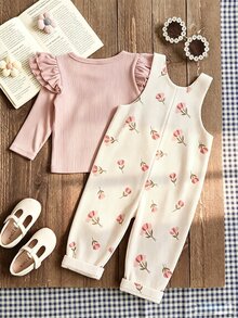 SHEIN Playful Pals 嬰幼兒男女童 0-3 歲夏季全身花卉灰粉色粉色花蕊印花時尚可愛日系燈芯絨吊帶褲套裝，胸前口袋 - 杏色 - 查看 3
