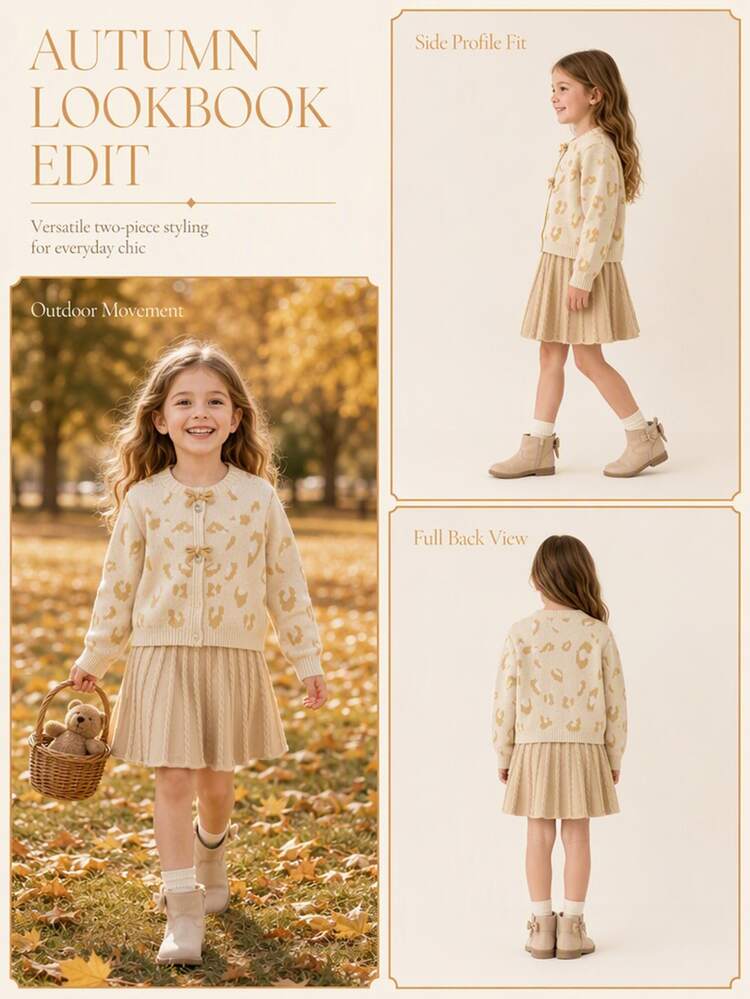 Young Girl Leopard Print Bow Decor Long Sleeve Single-Breasted Knit Cardigan And Knit Skirt Set Autumn Winter - Apricot - View 6