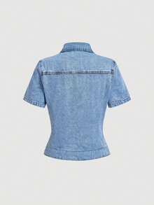Sweetra Plus Size Women's Casual 1960s Normal Versatile Everyday Denim Shirt With Collar Dates Vacation Light Blue Summer - Blue - View 2