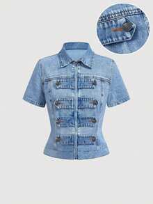 Sweetra Plus Size Women's Casual 1960s Normal Versatile Everyday Denim Shirt With Collar Dates Vacation Light Blue Summer - Blue - View 6