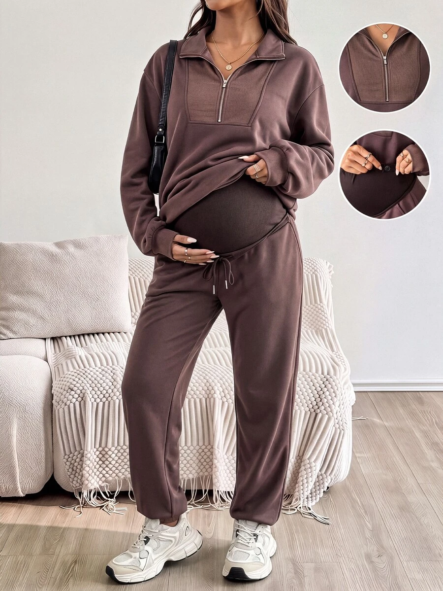 SHEIN Maternity Autumn/Winter Casual Sweatshirt & Sweatpants Nursing 2 Pieces Set Fall - Brown - View 1