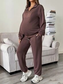 SHEIN Maternity Autumn/Winter Casual Sweatshirt & Sweatpants Nursing 2 Pieces Set Fall - Brown - View 7