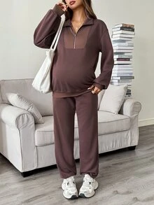 SHEIN Maternity Autumn/Winter Casual Sweatshirt & Sweatpants Nursing 2 Pieces Set Fall - Brown - View 4