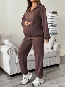 SHEIN Maternity Autumn/Winter Casual Sweatshirt & Sweatpants Nursing 2 Pieces Set Fall - Brown - View 6
