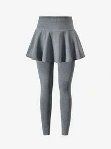 SHEIN Teen Girls 2pcs/Set Teen Girls Leggings,Casual Elegant 2 In 1 Suit,Essential Winter Gym Spring/Autumn Item,Slim Fit Mid-Waist, Summer, Minimalist - Black - View 5