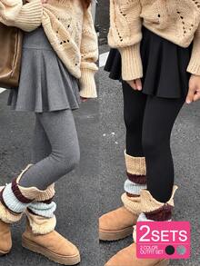 SHEIN Teen Girls 2pcs/Set Teen Girls Leggings,Casual Elegant 2 In 1 Suit,Essential Winter Gym Spring/Autumn Item,Slim Fit Mid-Waist, Summer, Minimalist - Black - View 1