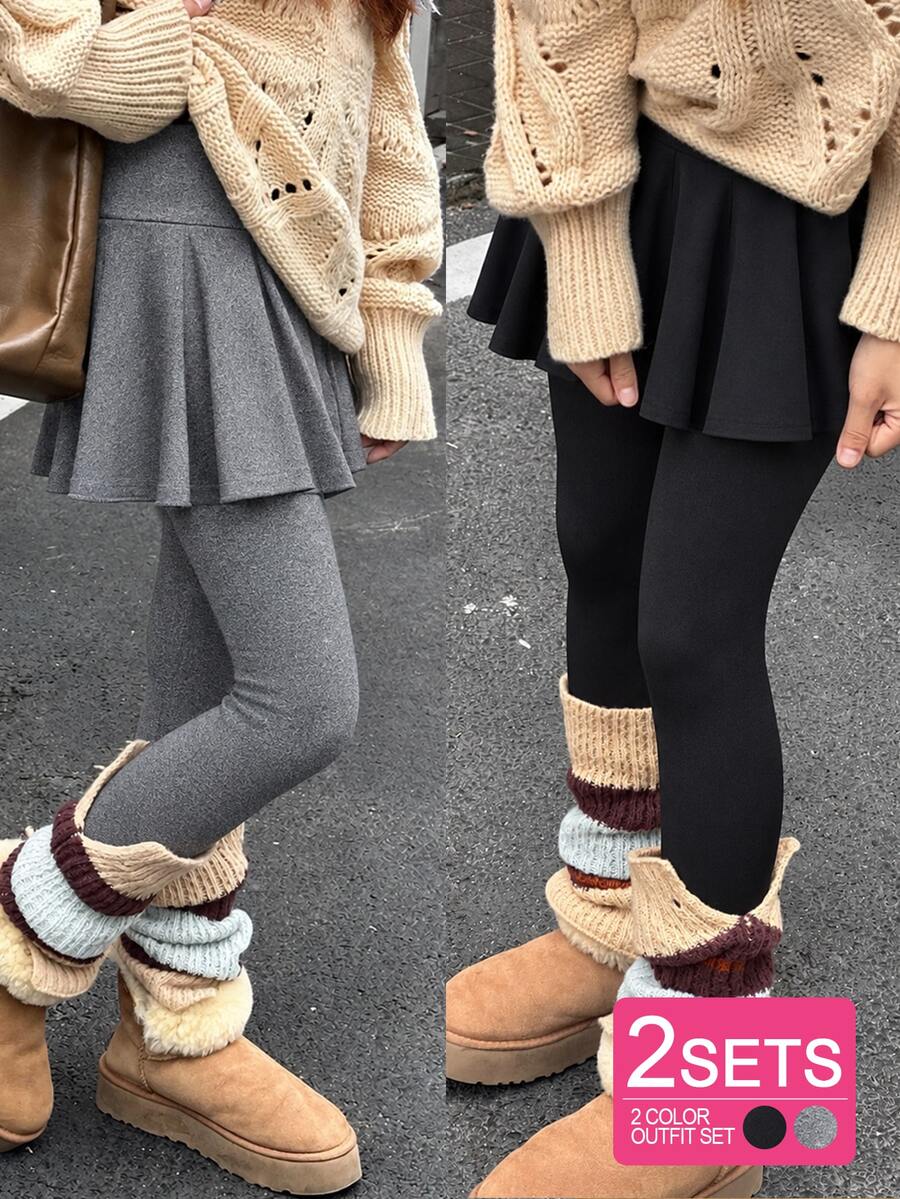 SHEIN Teen Girls 2pcs/Set Teen Girls Leggings,Casual Elegant 2 In 1 Suit,Essential Winter Gym Spring/Autumn Item,Slim Fit Mid-Waist, Summer, Minimalist - Black - View 1