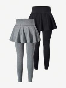 SHEIN Teen Girls 2pcs/Set Teen Girls Leggings,Casual Elegant 2 In 1 Suit,Essential Winter Gym Spring/Autumn Item,Slim Fit Mid-Waist, Summer, Minimalist - Black - View 2