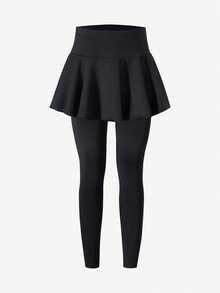 SHEIN Teen Girls 2pcs/Set Teen Girls Leggings,Casual Elegant 2 In 1 Suit,Essential Winter Gym Spring/Autumn Item,Slim Fit Mid-Waist, Summer, Minimalist - Black - View 3
