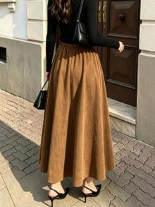 Modelyn Suede-Like Micro-Stretch Elegant Fashionable Elegant Commute Versatile Brown Long Skirt - Brown - View 2