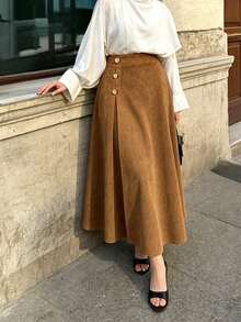 Modelyn Suede-Like Micro-Stretch Elegant Fashionable Elegant Commute Versatile Brown Long Skirt - Brown - View 5