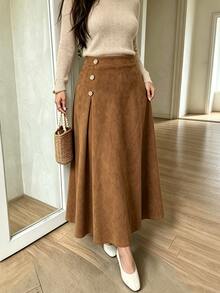 Modelyn Suede-Like Micro-Stretch Elegant Fashionable Elegant Commute Versatile Brown Long Skirt - Brown - View 4
