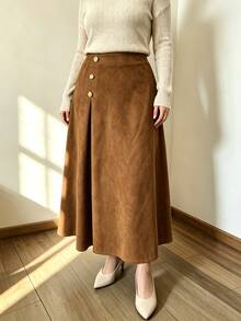 Modelyn Suede-Like Micro-Stretch Elegant Fashionable Elegant Commute Versatile Brown Long Skirt - Brown - View 6