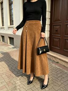 Modelyn Suede-Like Micro-Stretch Elegant Fashionable Elegant Commute Versatile Brown Long Skirt - Brown - View 1