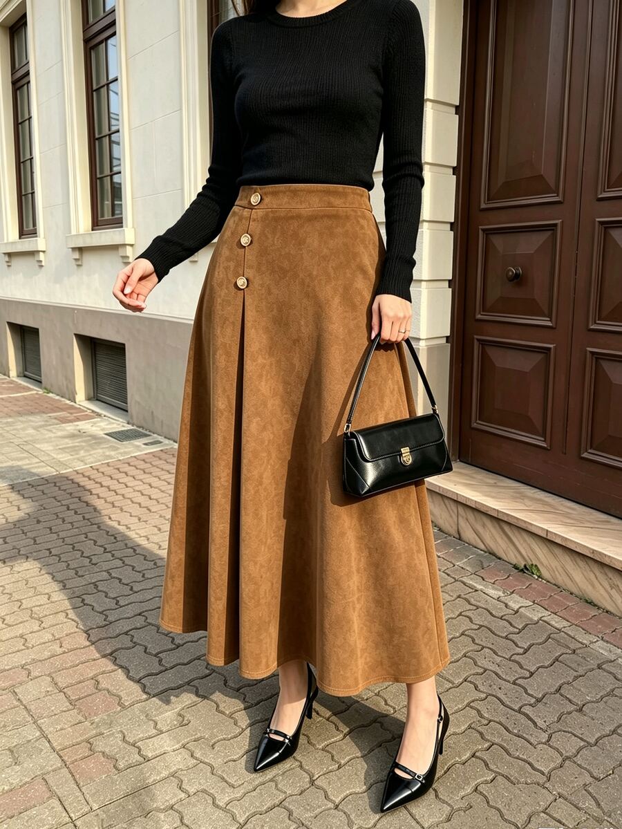 Modelyn Suede-Like Micro-Stretch Elegant Fashionable Elegant Commute Versatile Brown Long Skirt - Brown - View 1