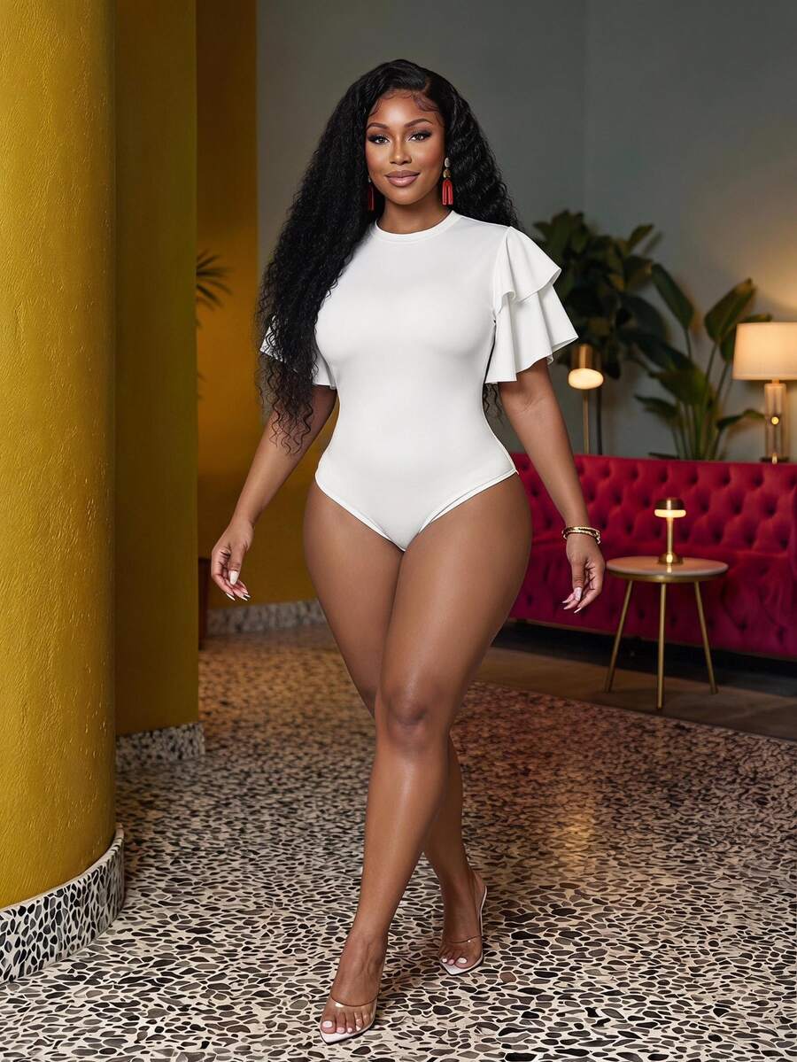 Veslaya Plus Size Summer Holiday Multilayer Ruffle Sleeve Bodycon Bodysuit Bodysuits For Women Pluswhite Bodysuitplus Size Bodysuit
