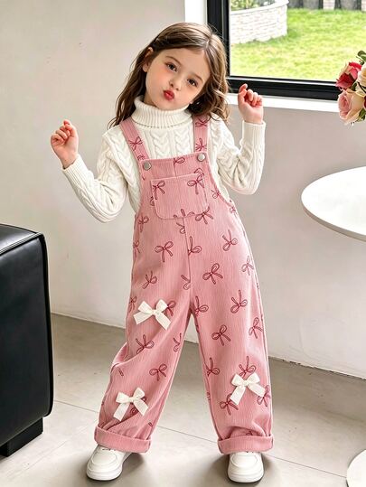 Elladie kids Young Girls Cute Style Young Girl Overall Jumpsuit Spring/Autumn/Winter, Large Bowknot Apricot Bow Design, Pink, Loose Straight Leg Fit, Corduroy Fabric, Soft And Comfortable, School/Commute/Daily Outings