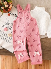 Elladie kids 少女可愛風女童吊帶連身褲 春/秋/冬款，大蝴蝶結杏色蝴蝶結設計，粉紅色，寬鬆直筒版型，燈芯絨面料，柔軟舒適，適合上學/通勤/日常出遊 - 粉色 - 查看 4