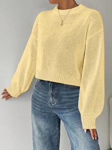 EMERY ROSE Suéter de punto de cuello redondo de unicolor, informal y casual, de manga larga, para mujer, para otoño e invierno - Butter Yellow - Ver 3