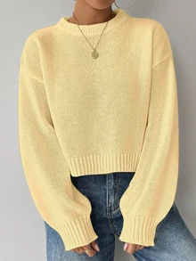EMERY ROSE Suéter de punto de cuello redondo de unicolor, informal y casual, de manga larga, para mujer, para otoño e invierno - Butter Yellow - Ver 5