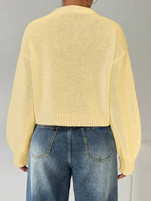 EMERY ROSE Suéter de punto de cuello redondo de unicolor, informal y casual, de manga larga, para mujer, para otoño e invierno - Butter Yellow - Ver 2