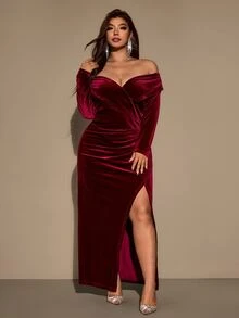SHEIN LUNE CURVE Fashionable Elegant Off-Shoulder Burgundy Party Slit Long Velvet Dress Winter - Burgundy - View 3