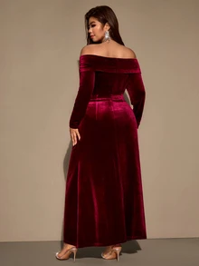 SHEIN LUNE CURVE Fashionable Elegant Off-Shoulder Burgundy Party Slit Long Velvet Dress Winter - Burgundy - View 2