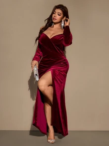 SHEIN LUNE CURVE Fashionable Elegant Off-Shoulder Burgundy Party Slit Long Velvet Dress Winter - Burgundy - View 8