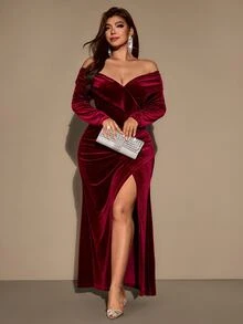 SHEIN LUNE CURVE Fashionable Elegant Off-Shoulder Burgundy Party Slit Long Velvet Dress Winter - Burgundy - View 7