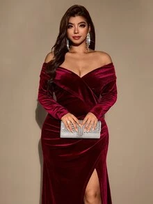SHEIN LUNE CURVE Fashionable Elegant Off-Shoulder Burgundy Party Slit Long Velvet Dress Winter - Burgundy - View 9