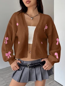 SHEIN Unity Sweet Cute Y2k Women's Bow Pattern Long Sleeve Cardigan School Date Brown And Pink Polka Dot Autumn - Multicolor - View 6