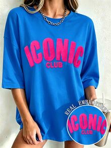 Breezaya Plus Size Summer Casual Letter Embroidered T-Shirt - Royal Blue - View 6