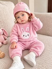 2Pcs Baby Girl Sweatshirt Set Cute Pink Plush Fuzzy Bunny Embroidered Long Sleeve Round Neck Thick Holiday Winter Fall Christmas Unicorn Cozy Cuffs - Pink - View 1