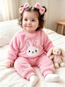2Pcs Baby Girl Sweatshirt Set Cute Pink Plush Fuzzy Bunny Embroidered Long Sleeve Round Neck Thick Holiday Winter Fall Christmas Unicorn Cozy Cuffs - Pink - View 3